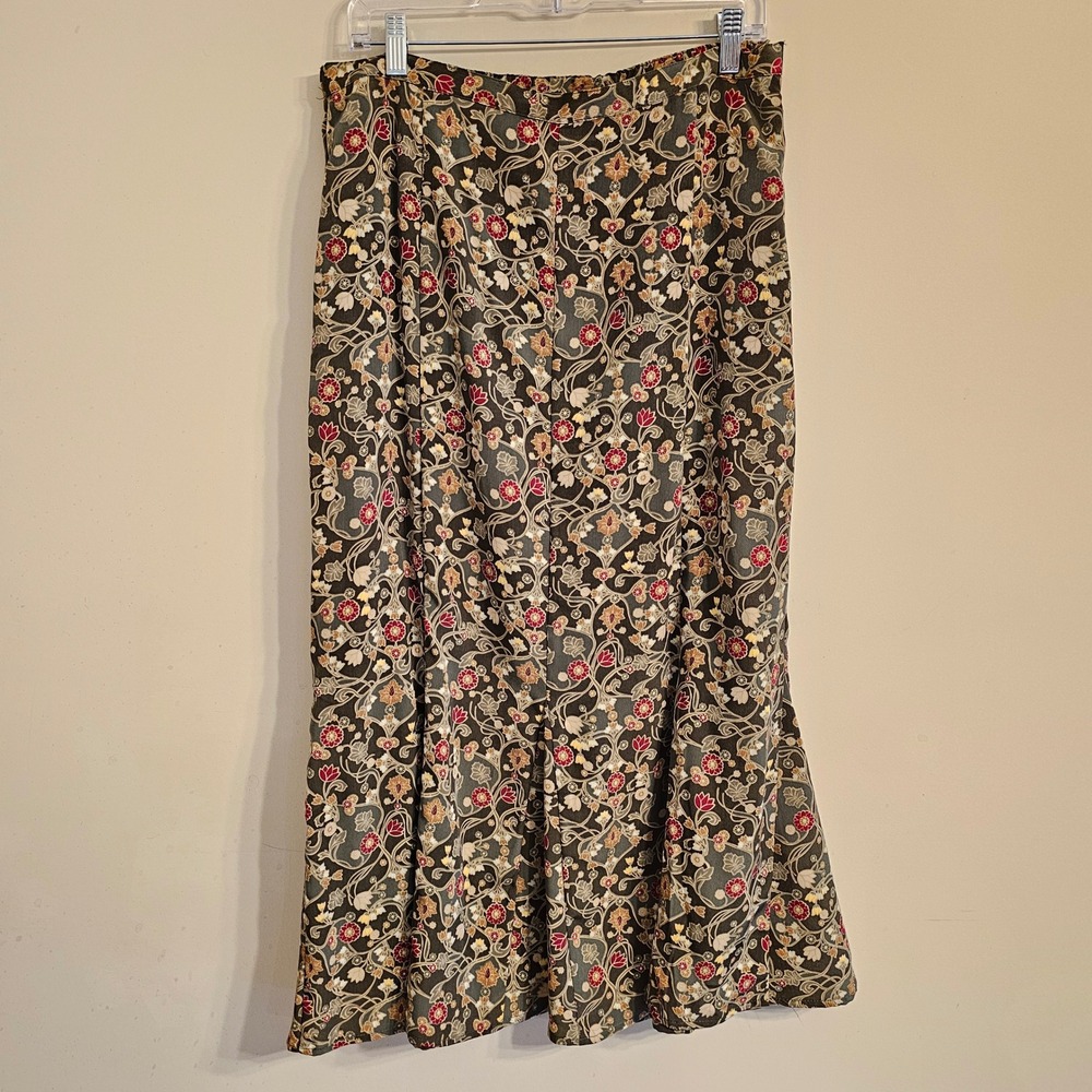 Christopher & Banks Maxi Skirt Womens Size 12 Olive Green Floral Trumpet NWT
